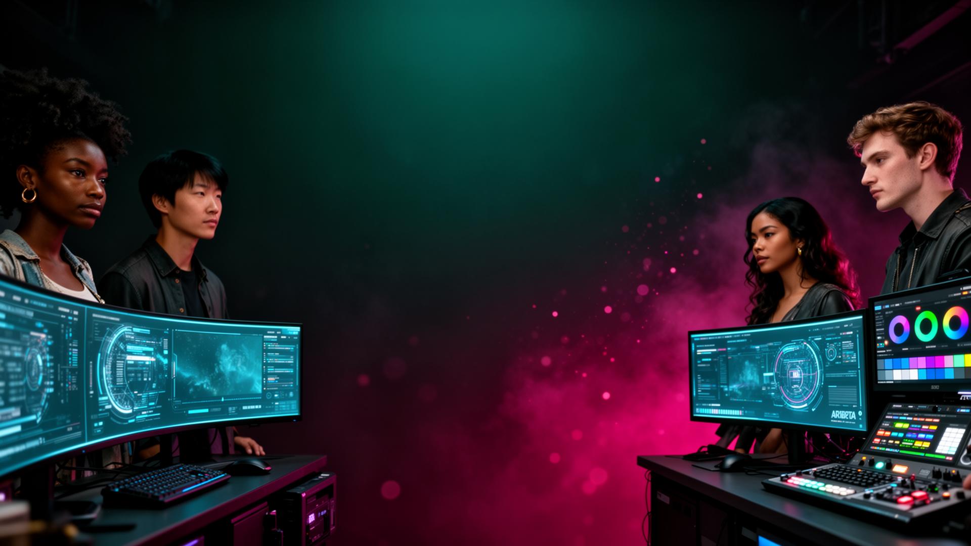 Multiracial creative team in a futuristic video production suite